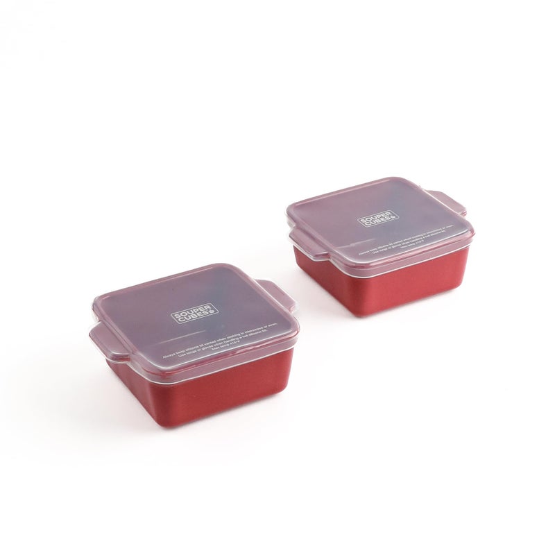 Souper Cubes Stoneware 2.0-5" x 5" Baking Dishes for Oven, Made in USA, Premium Mini Ceramic Baking Dishes with Silicone Covers for Individual Portions, Set of 2 - Cranberry - Image 1
