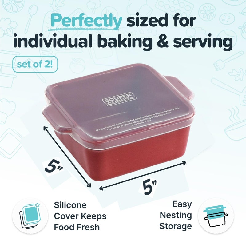 Souper Cubes Stoneware 2.0-5" x 5" Baking Dishes for Oven, Made in USA, Premium Mini Ceramic Baking Dishes with Silicone Covers for Individual Portions, Set of 2 - Cranberry - Image 2