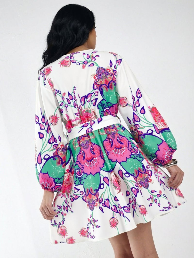 Jennyfer Floral V-Neck A-Line Mini Dress with Belt - Image 3