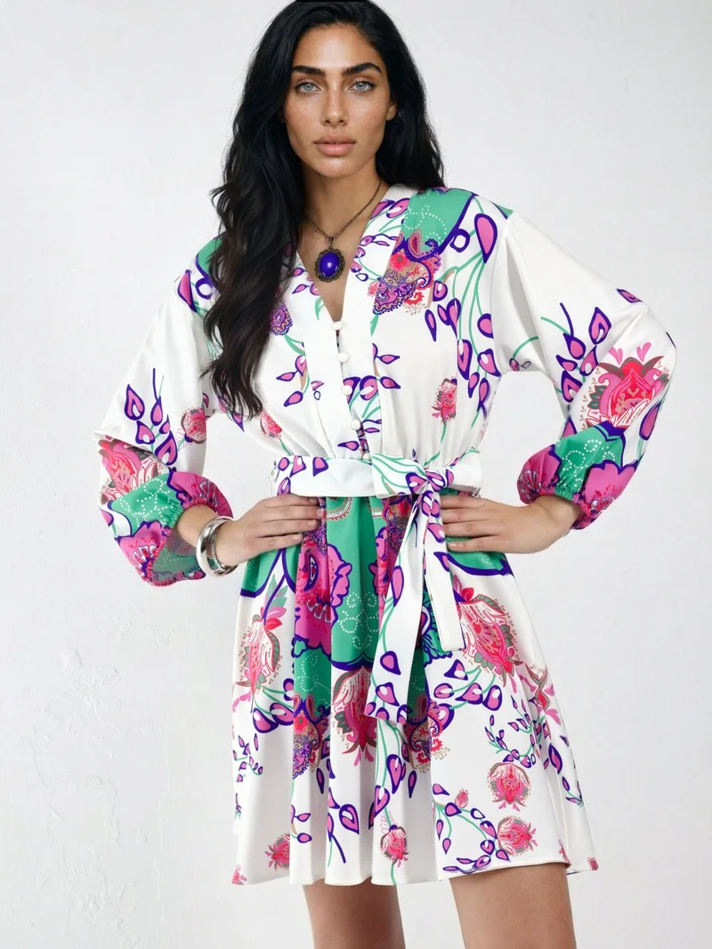 جينيفر Floral V-Neck A-Line Mini Dress with Belt