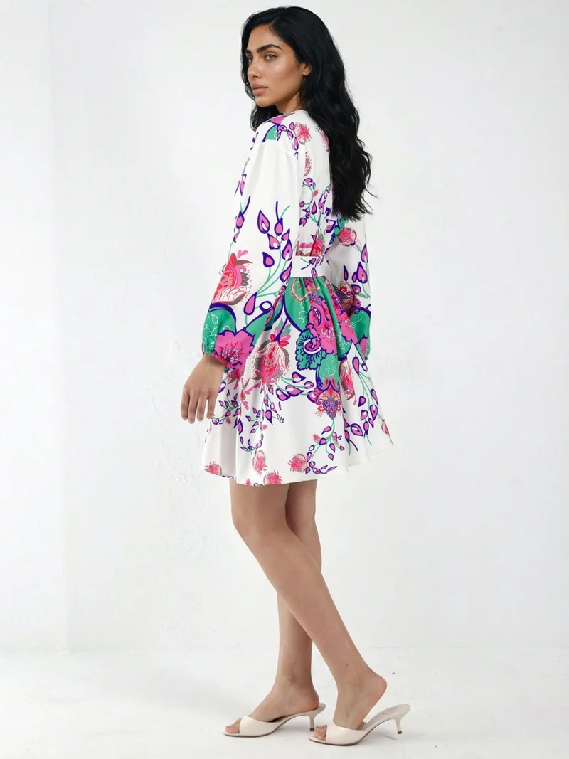 جينيفر Floral V-Neck A-Line Mini Dress with Belt