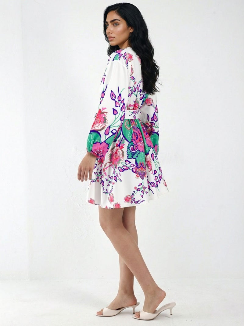 Jennyfer Floral V-Neck A-Line Mini Dress with Belt - Image 2