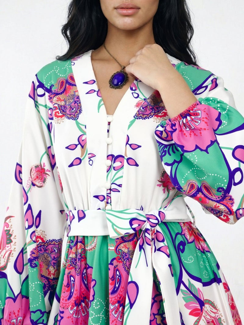 Jennyfer Floral V-Neck A-Line Mini Dress with Belt - Image 5