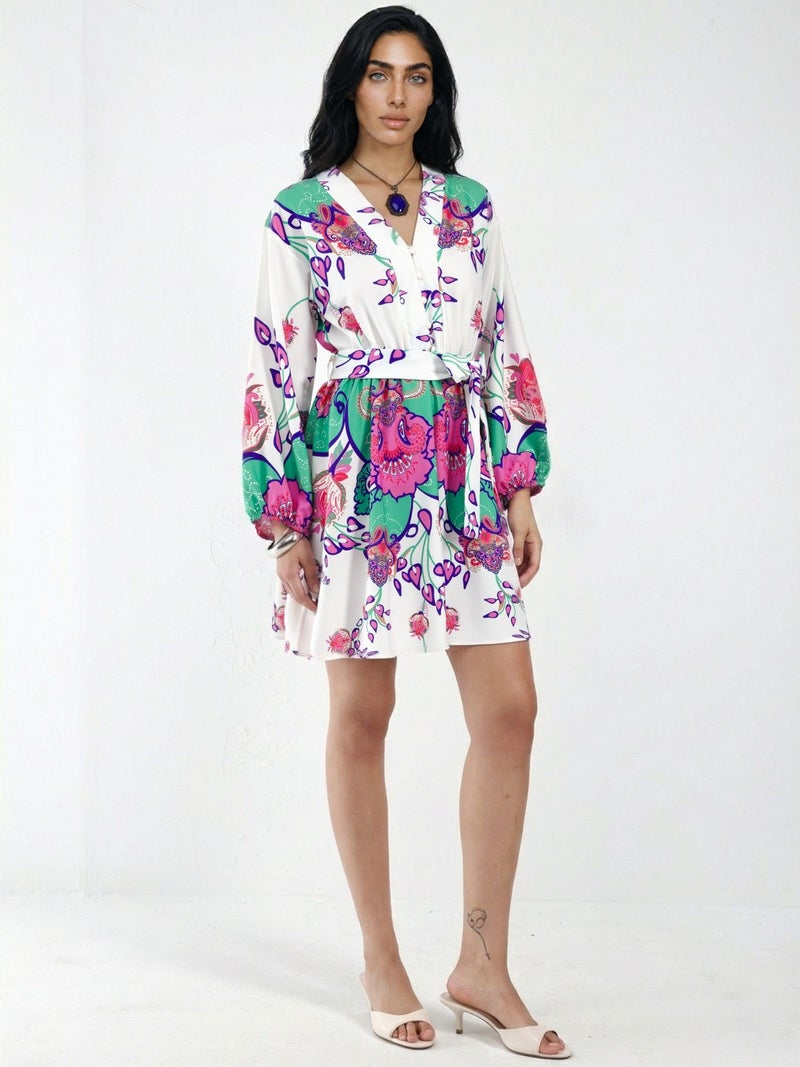 Jennyfer Floral V-Neck A-Line Mini Dress with Belt - Image 4