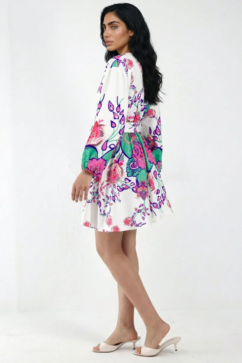 جينيفر Floral V-Neck A-Line Mini Dress with Belt