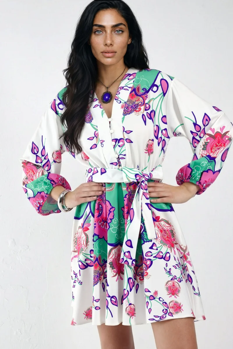جينيفر Floral V-Neck A-Line Mini Dress with Belt