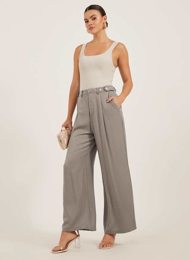 Styli Solid Pleated Wide Leg Pants with Belt Loops