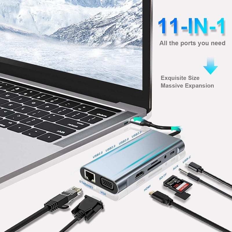 Adapter Zero 11 in 1 TYPE-C to HDTV + 4 VGA + USB + SD Reader + Audio Port + LAN – 4K Resolution - Image 4