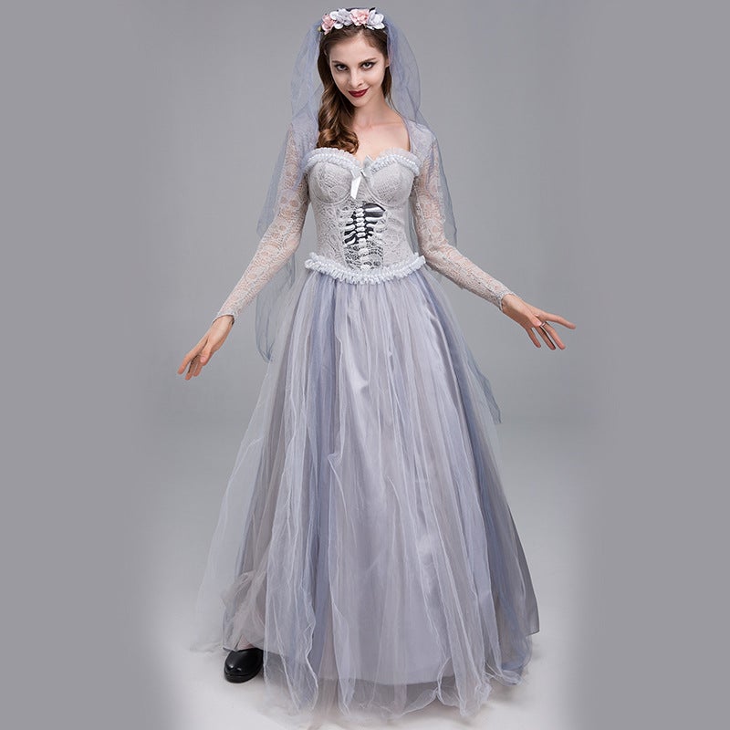 2024 Halloween Ghost Bride Costume Dress Grey Grey