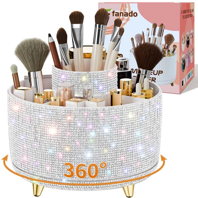 BLING DIAMOND MAKEUP BRUSH HOLDER 360 ROTATING MAKEUP ORGANIZER 5 SLOT MAKE UP BRUSHES CUP FOR COUNTERTOP STORAGE FOR COSMETICS PEN EYELINER SKINCARE ON THE VANITY DIAMOND WHITE