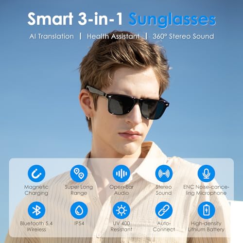 GetD AI Glasses for Men & Women, Smart Glasses Powered by ChatGPT, AI Real-time Translation with 145 languages, 11H Music Play, Bluetooth Sunglasses with Polarized Lens, UV Protection for Daily Use, Travel - Image 2