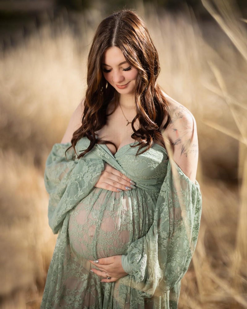 Saslax Lace Off Shoulder Doubly Split A-line Skirt Maternity Dress Soft Stretchy Maternity Photoshoot Dress Sage Small - Image 3