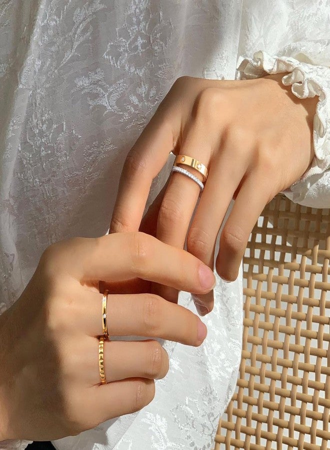 ام بيرينبو خواتم ذهبية قابلة للتكديس للنساء - طقم خواتم مطلية بالذهب عيار 18 قيراطًا، خواتم صداقة من الفولاذ المقاوم للصدأ غير قابلة للتشوه مرصعة بالزركونيا المكعبة، مجوهرات عصرية، هدايا حفلات أعياد الميلاد والكريسماس للصديقة مقاس 7 - Image 3