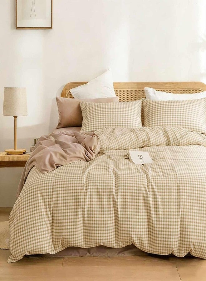 ETDIFFE Brown Grid Duvet Cover Queen Size, 3 Piece Tan Farmhouse Buffalo Check Gingham Geometric Pattern Printed Microfiber Comforter Cover Set, Taupe Soft and Lightweight Plaid Bedding Quilt Cover - Image 1