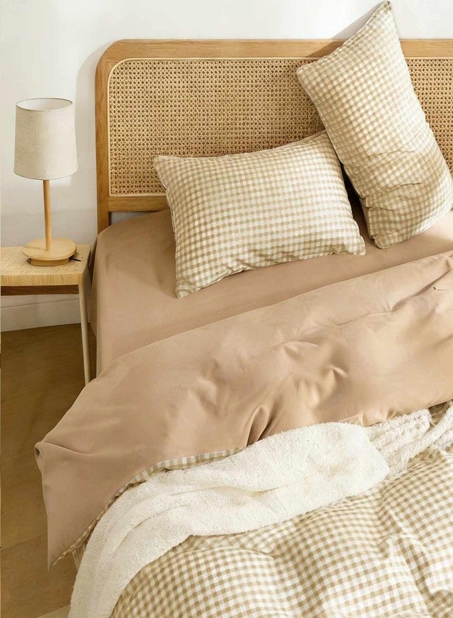 ETDIFFE Brown Grid Duvet Cover Queen Size, 3 Piece Tan Farmhouse Buffalo Check Gingham Geometric Pattern Printed Microfiber Comforter Cover Set, Taupe Soft and Lightweight Plaid Bedding Quilt Cover - Image 3