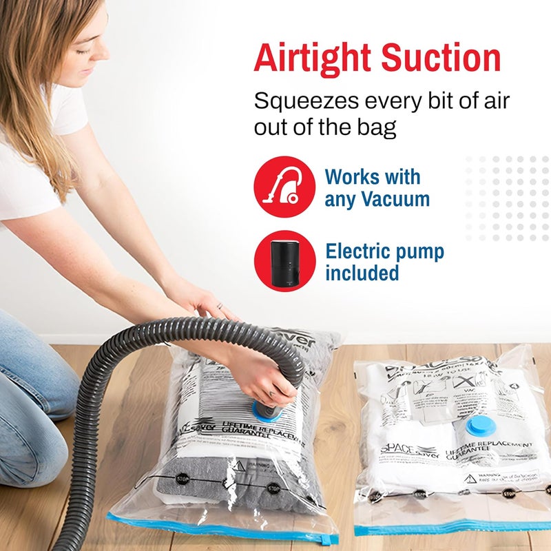Spacesaver 15 حزمة من أكياس التخزين الفراغية المتنوعة للبطانيات والملابس - أكياس ضغط محكمة الإغلاق مع مضخة يدوية - أكياس تخزين موفرة للمساحة للفراش والسفر والتنظيم (3S، 4M، 4L و4XL) - Image 4