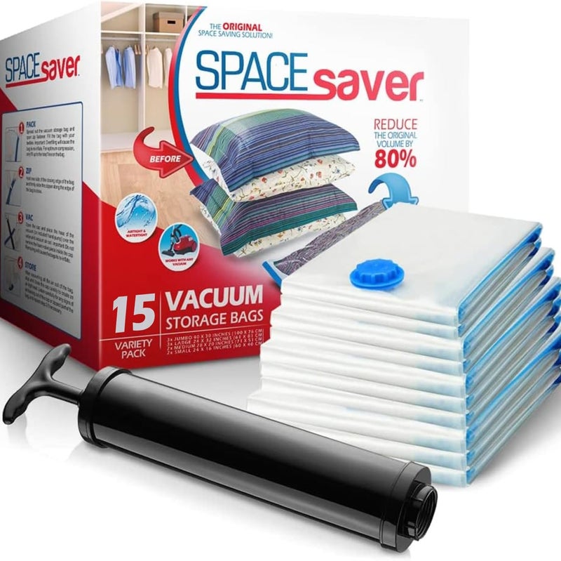 Spacesaver 15 حزمة من أكياس التخزين الفراغية المتنوعة للبطانيات والملابس - أكياس ضغط محكمة الإغلاق مع مضخة يدوية - أكياس تخزين موفرة للمساحة للفراش والسفر والتنظيم (3S، 4M، 4L و4XL) - Image 1