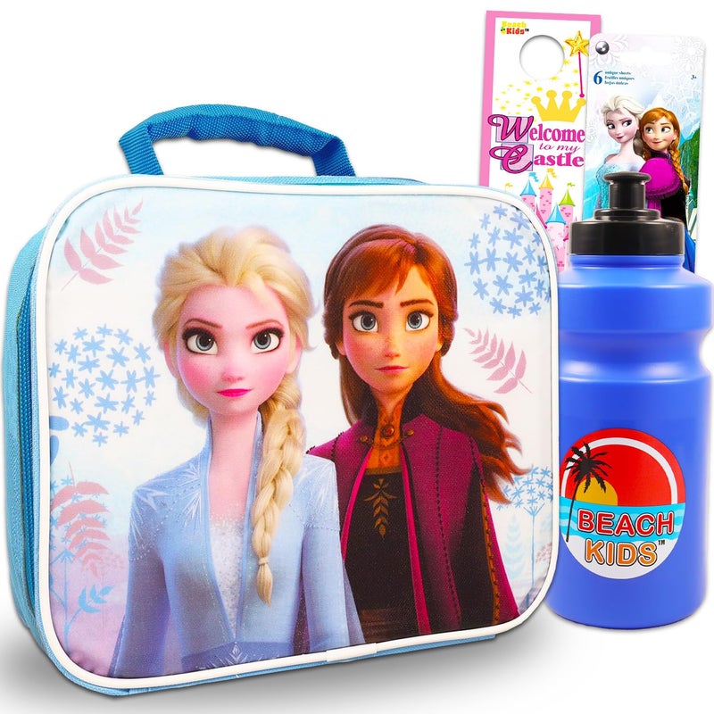 Disney Frozen Lunch Bag Set Bundle of 4 Pc Elsa and Anna Lunch Box Water Bottle Frozen Stickers and More Disney School Supplies for Kids