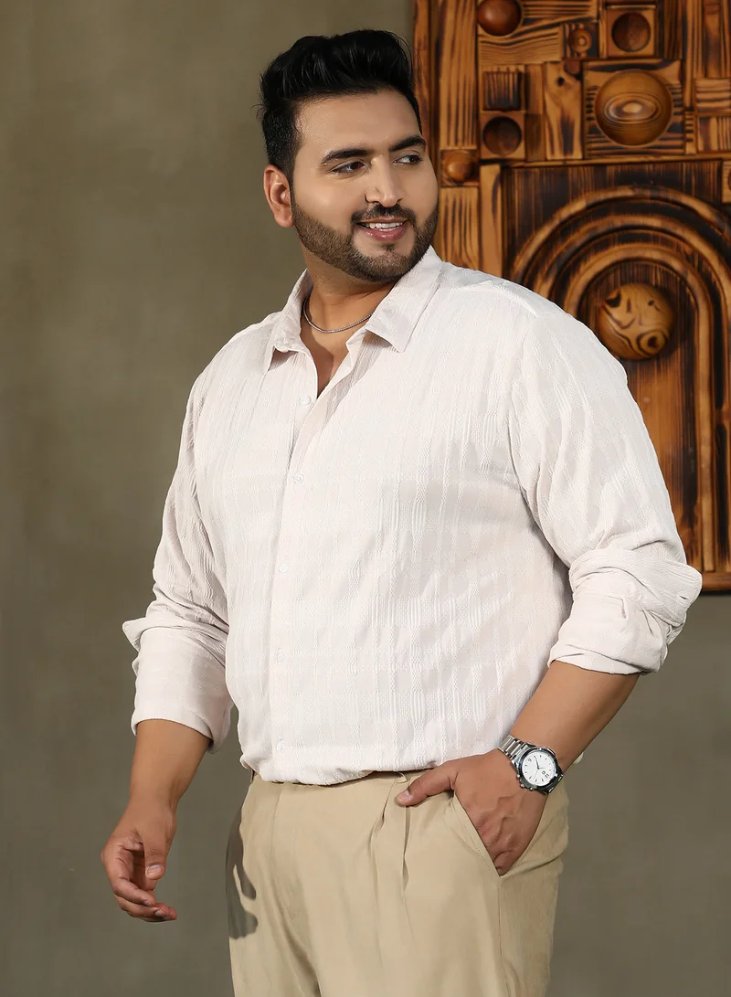 Instafab Plus  Instafab Plus Men's Saltbox Beige Braided-Knot Tactile Shirt For Casual Wear | Spread Collar | Long Cuffed Sleeves | Button Closure | Plus Size Shirt Crafted With Comfort Fit For Everyday Wear for Men | Best Price UAE