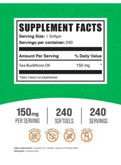 BulkSupplements BulkSupplements.com Sea Buckthorn Oil Softgels - Sea Buckthorn Oil Supplement, Omega 7 Supplement, Herbal Supplement - Gluten Free, 1 Softgel (150mg) per Serving, 240 Softgels (Pack of 1)  - Image 2