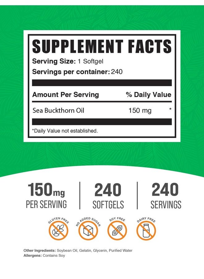 BulkSupplements BulkSupplements.com Sea Buckthorn Oil Softgels - Sea Buckthorn Oil Supplement, Omega 7 Supplement, Herbal Supplement - Gluten Free, 1 Softgel (150mg) per Serving, 240 Softgels (Pack of 1)  - Image 2
