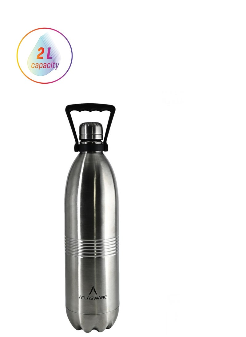 Atlasware - Water Bottle with a Capacity of 2000 ml, Stainless Steel Water Bottle that keeps Cold for 130 Hours and Keeps Heat for 52 Hours, Silver - Image 1
