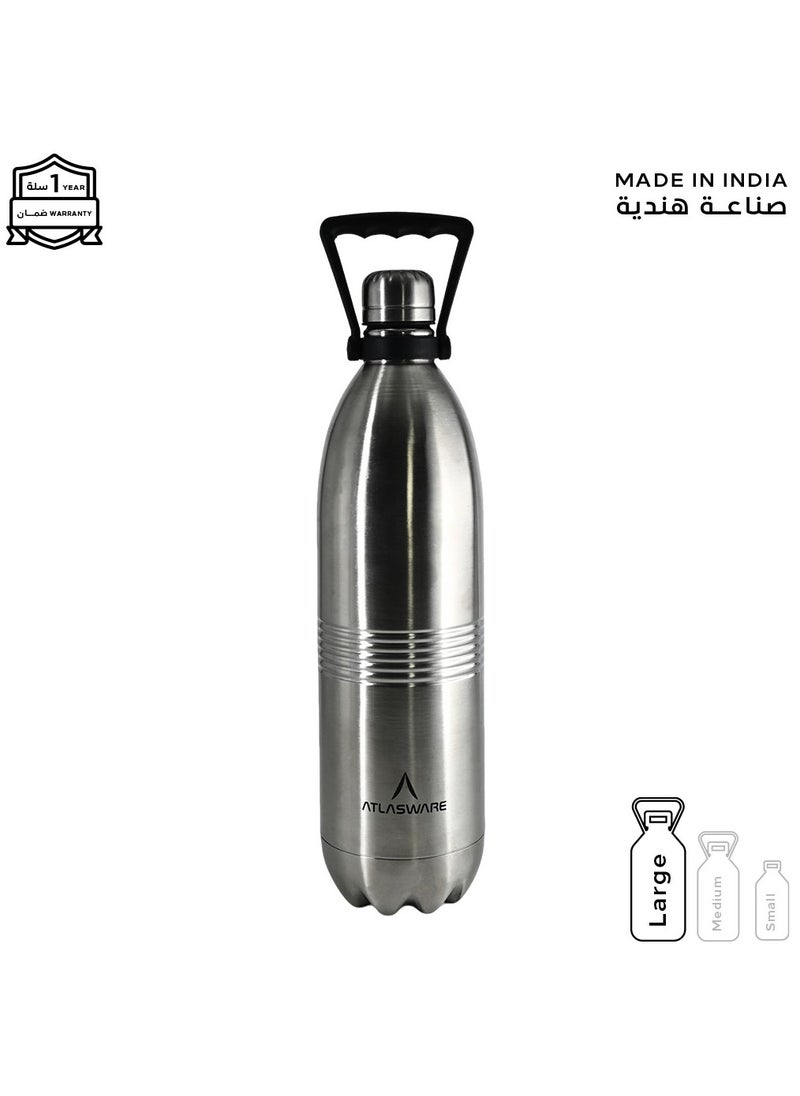 Atlasware - Water Bottle with a Capacity of 2000 ml, Stainless Steel Water Bottle that keeps Cold for 130 Hours and Keeps Heat for 52 Hours, Silver - Image 1