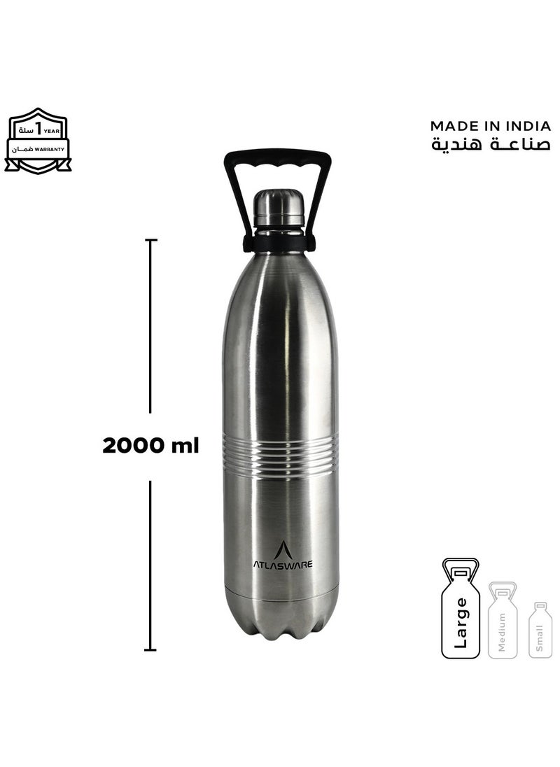 Atlasware - Water Bottle with a Capacity of 2000 ml, Stainless Steel Water Bottle that keeps Cold for 130 Hours and Keeps Heat for 52 Hours, Silver - Image 1