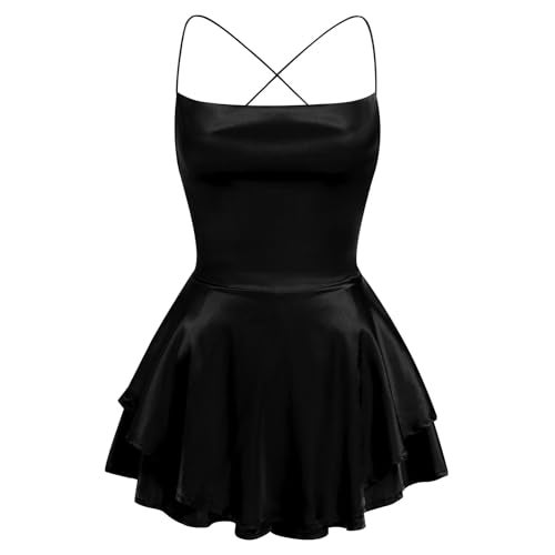 AGYMNX Women Sexy Spaghetti Strap Satin Dress Sleeveless Low Cut Backless Short Romper Dress Party Jumpsuit Mini Sundress Black - Image 4