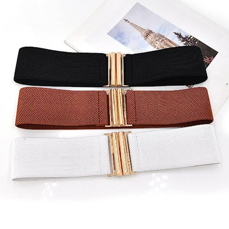 Women's Elastic Belt for Dresses Vintage Stretchy Waist Stretchy Belts for Women Vintage Elastic Waist Belts Fashion Cinch Waistband Belts Dress Belt Corset Belt with Interlock Buckle, One Size - Image 3