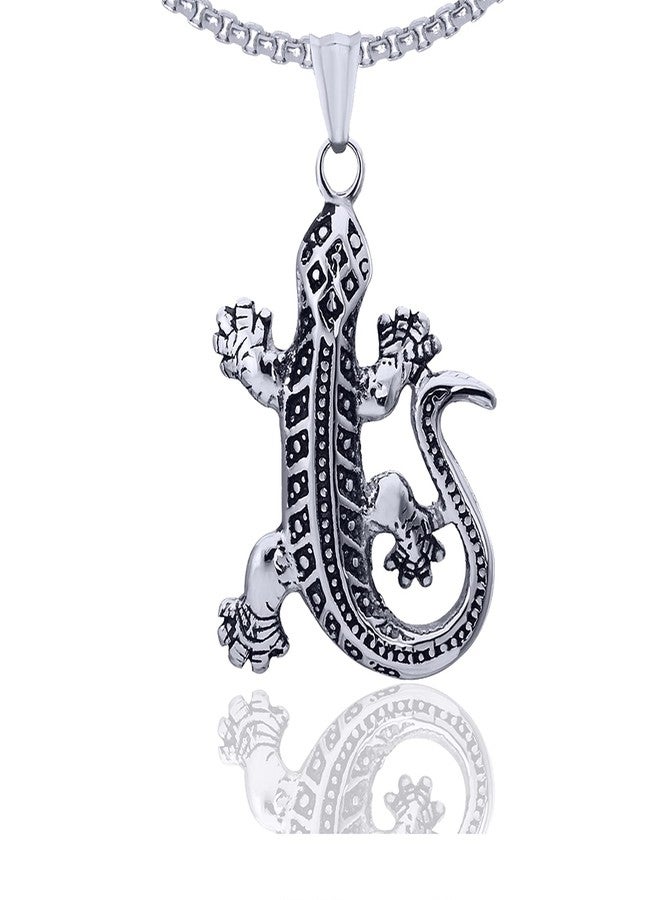 Xusamss Punk Rock Stainless Steel Animal Lizard Pendant Necklace(White) - Image 1
