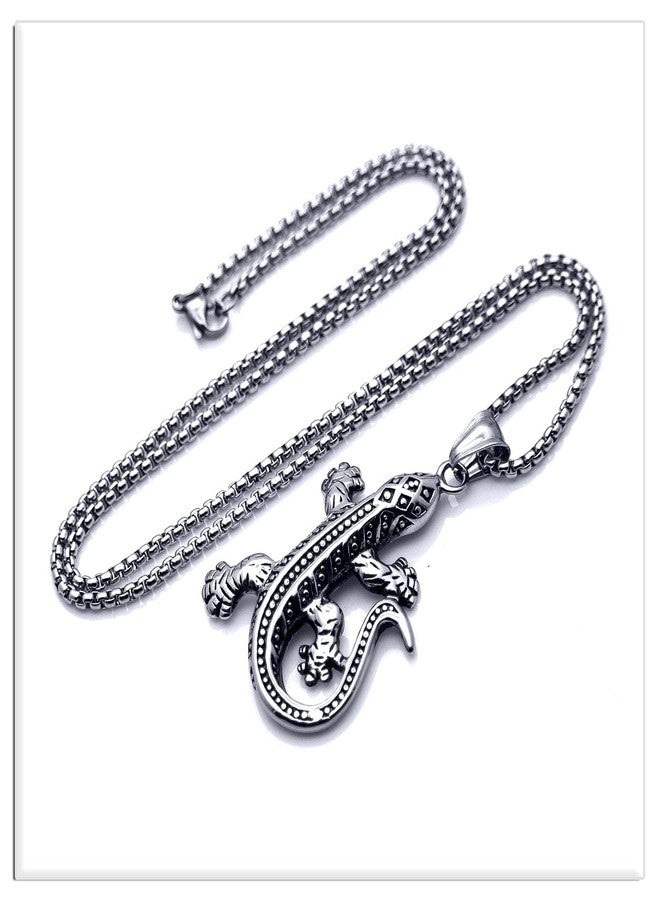 Xusamss Punk Rock Stainless Steel Animal Lizard Pendant Necklace(White) - Image 5