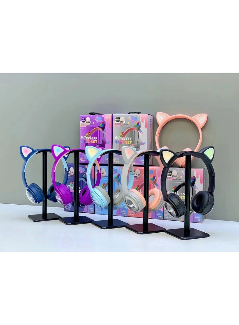 Cat Ear Stereo Headset with RGB LED Lights – Wireless/Wired Over-Ear Headphones, Pink Color, M31 - Image 2