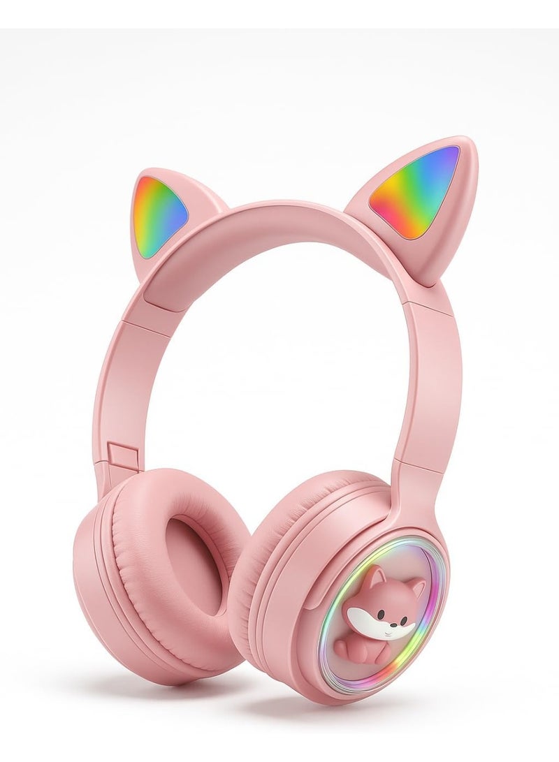 Cat Ear Stereo Headset with RGB LED Lights – Wireless/Wired Over-Ear Headphones, Pink Color, M31 - Image 1
