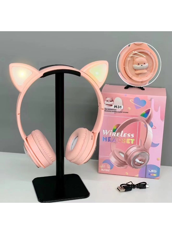 Cat Ear Stereo Headset with RGB LED Lights – Wireless/Wired Over-Ear Headphones, Pink Color, M31 - Image 3