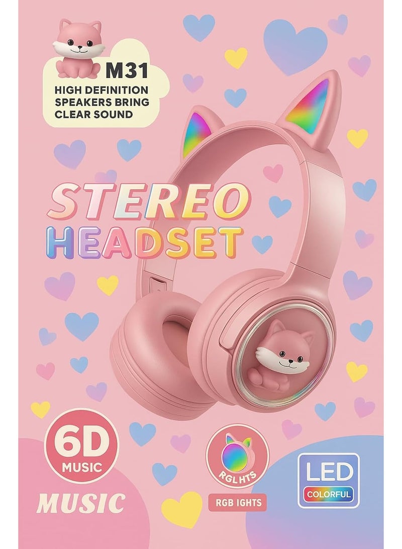 Cat Ear Stereo Headset with RGB LED Lights – Wireless/Wired Over-Ear Headphones, Pink Color, M31 - Image 4