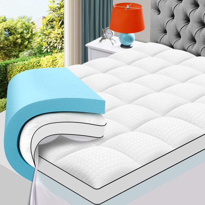 MASVIS Queen Size Dual Layer 4 Inch Memory Foam Mattress Topper, 2 Inch Gel Memory Foam and 2 Inch Cooling Pillow Top Mattress Pad Cover for Back Pain, Medium Support - Image 1