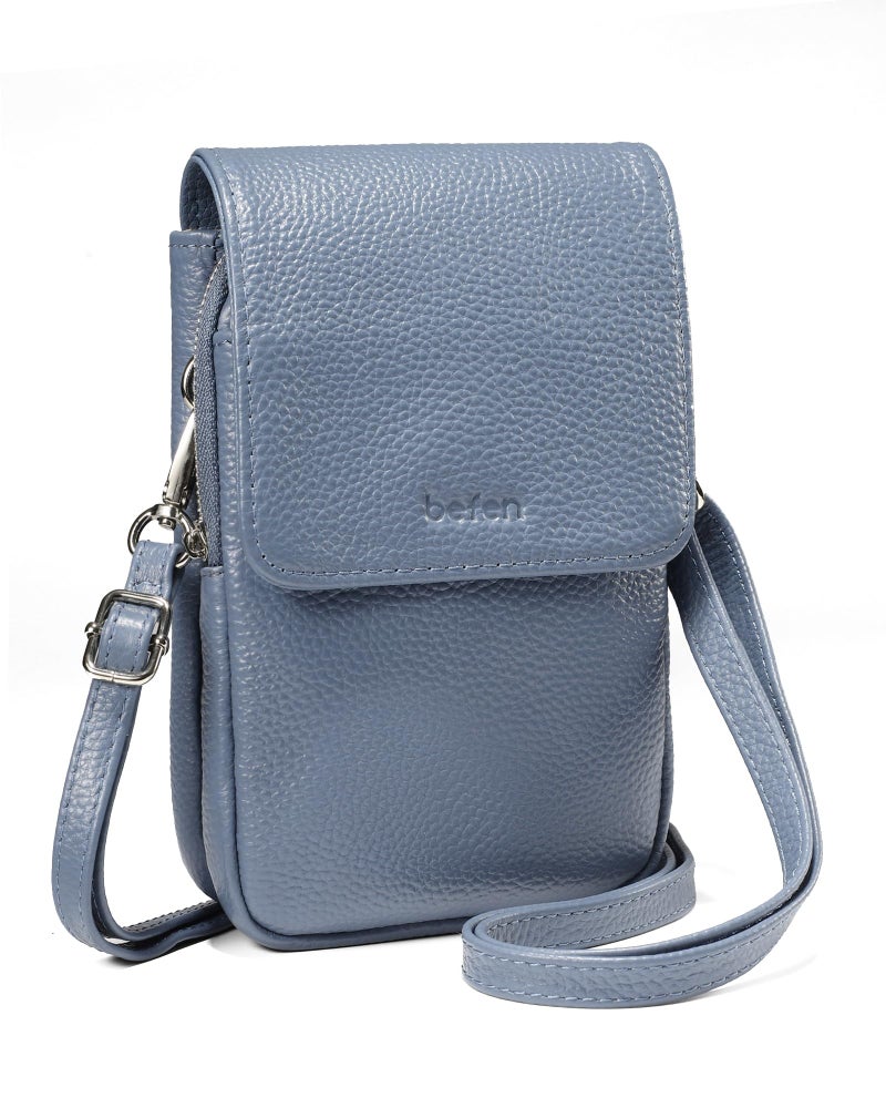 befen Small Genuine Leather Blue Crossbody Purses Bag for Women Lightweight Cell Phone Crossbody Wallet Purse with RFID Card Slots