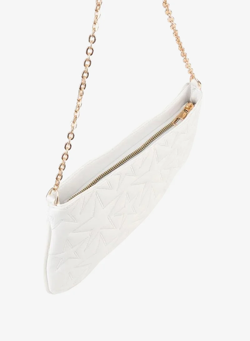 Women's Dalya White Star Embroidered Lined Zipper Closure Bagette Hand and Shoulder Bag.