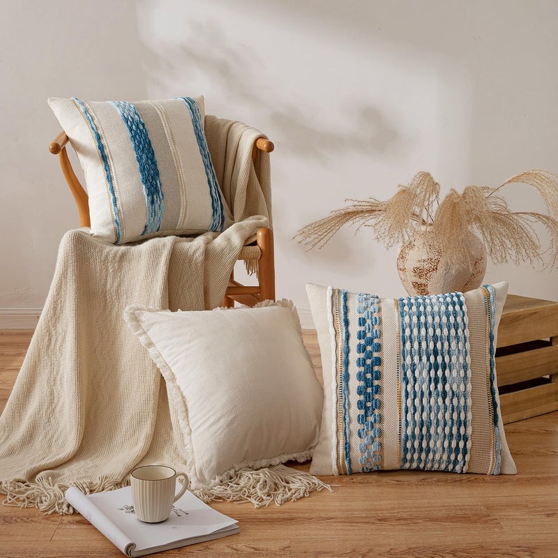 ANRODUO Pack of 2 Boho Decorative Throw Pillow Covers 18x18 Farmhouse Cushion Case Striped Chenille Pillow Cases Coastal Throw Pillows Accent Neutral Pillowcase for Sofa Couch Bed, Sky Blue Stripe - Image 2