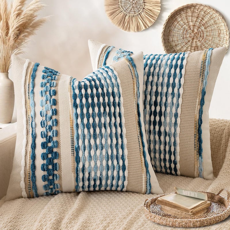 ANRODUO Pack of 2 Boho Decorative Throw Pillow Covers 18x18 Farmhouse Cushion Case Striped Chenille Pillow Cases Coastal Throw Pillows Accent Neutral Pillowcase for Sofa Couch Bed, Sky Blue Stripe - Image 1