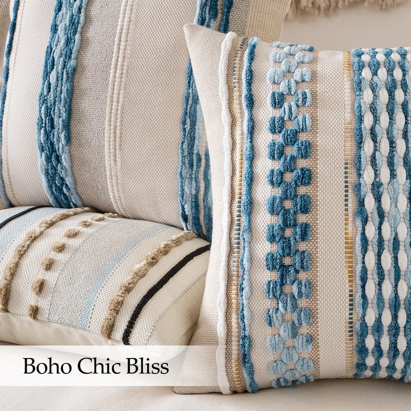 ANRODUO Pack of 2 Boho Decorative Throw Pillow Covers 18x18 Farmhouse Cushion Case Striped Chenille Pillow Cases Coastal Throw Pillows Accent Neutral Pillowcase for Sofa Couch Bed, Sky Blue Stripe - Image 5