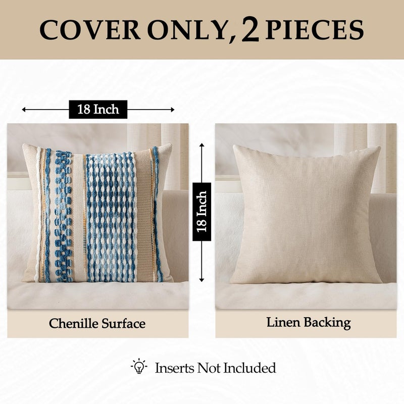 ANRODUO Pack of 2 Boho Decorative Throw Pillow Covers 18x18 Farmhouse Cushion Case Striped Chenille Pillow Cases Coastal Throw Pillows Accent Neutral Pillowcase for Sofa Couch Bed, Sky Blue Stripe - Image 4