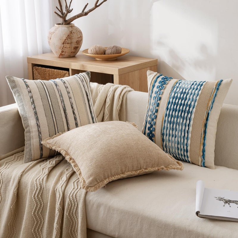 ANRODUO Pack of 2 Boho Decorative Throw Pillow Covers 18x18 Farmhouse Cushion Case Striped Chenille Pillow Cases Coastal Throw Pillows Accent Neutral Pillowcase for Sofa Couch Bed, Sky Blue Stripe - Image 3