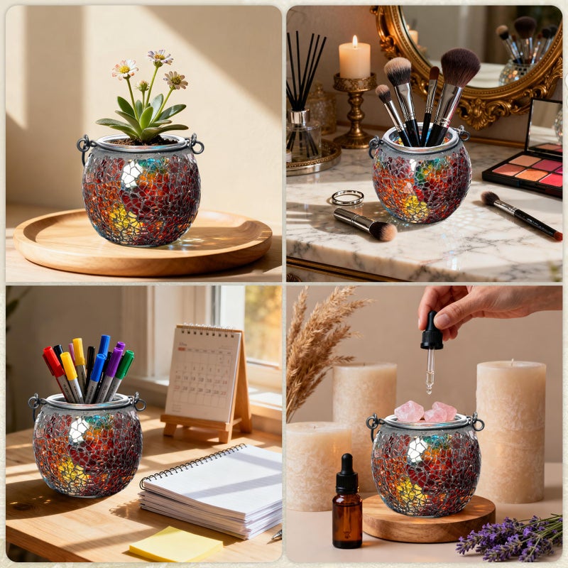 Rancco Candle Holder Mosaic Tea Light Holder, Votive Candle Holders with Handle for Thanksgiving Table Centerpiece Christmas Party Decor, Also Used as Vase, Pen Holder, Potted Plants Bowl (Rainbow) - Image 4