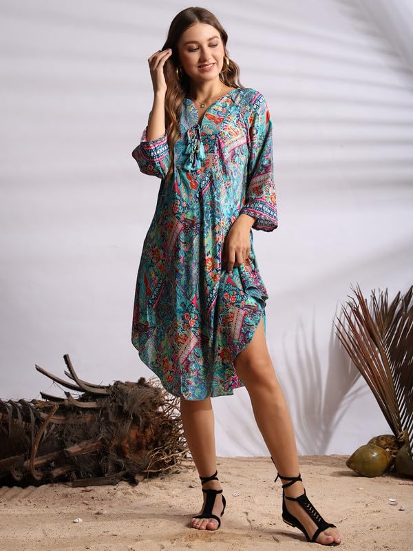 KE KanhaExports KE KANHA EXPORTS Short Dress for Women's & Girls Unique Border Design & Tassel, Adjustable Drawstring, Stretchable, Free Size,fit Flared Floral Print V-Neck Western Dresses All Seasons-4068 - Image 4