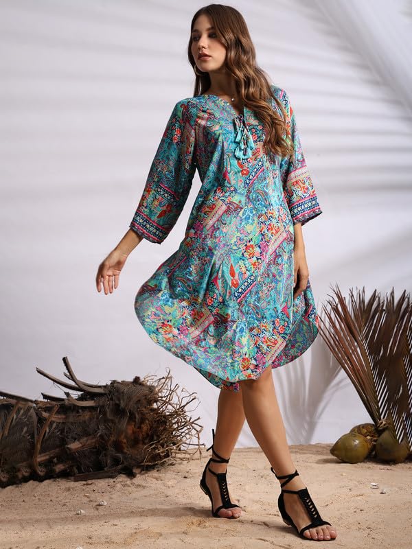 KE KanhaExports KE KANHA EXPORTS Short Dress for Women's & Girls Unique Border Design & Tassel, Adjustable Drawstring, Stretchable, Free Size,fit Flared Floral Print V-Neck Western Dresses All Seasons-4068 - Image 3