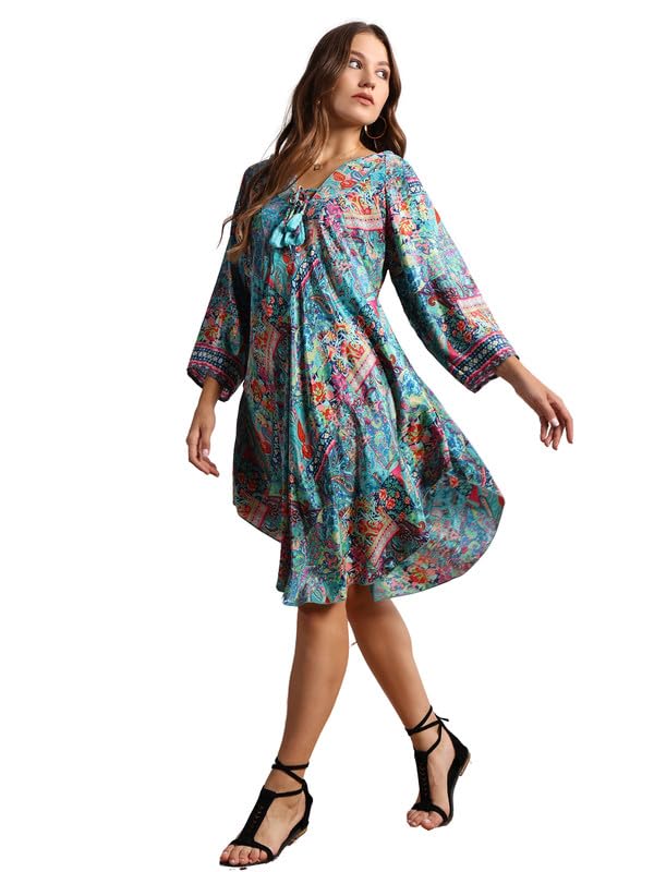 KE KanhaExports KE KANHA EXPORTS Short Dress for Women's & Girls Unique Border Design & Tassel, Adjustable Drawstring, Stretchable, Free Size,fit Flared Floral Print V-Neck Western Dresses All Seasons-4068 - Image 1