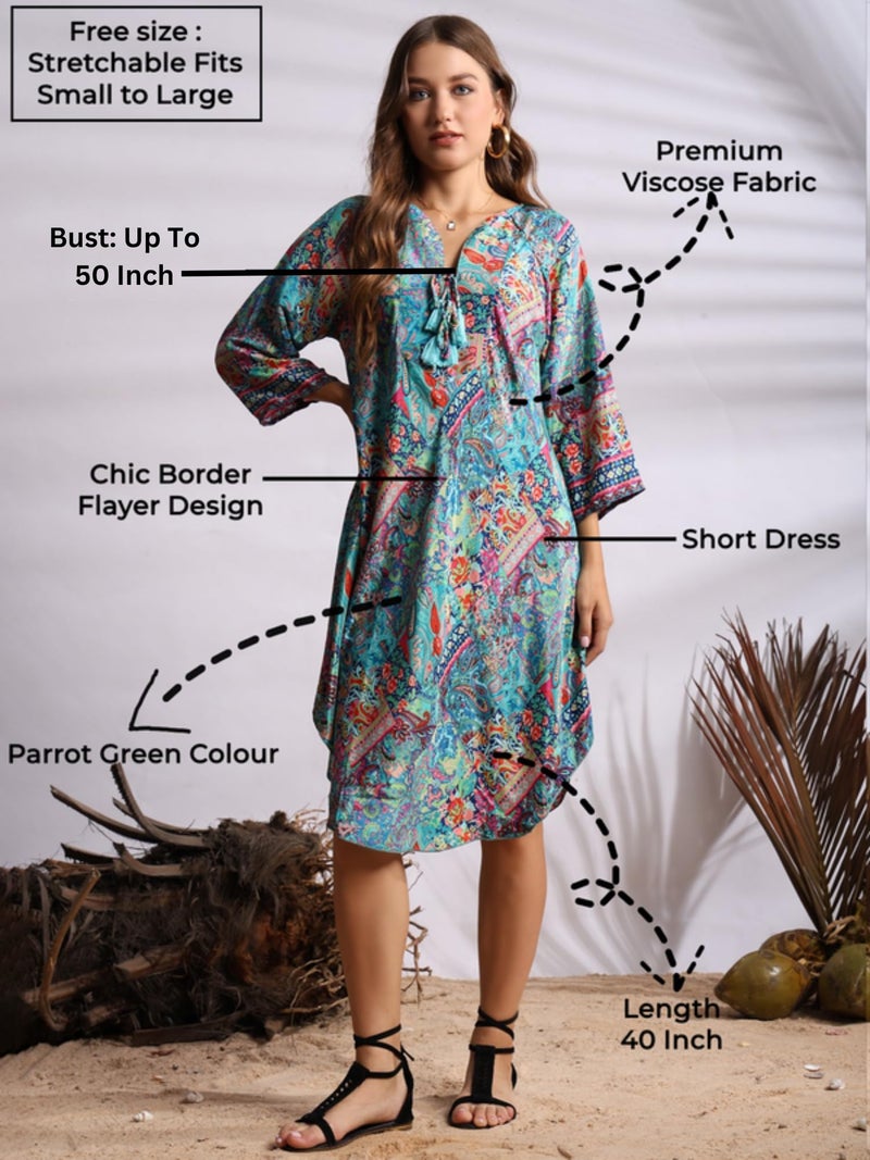 KE KanhaExports KE KANHA EXPORTS Short Dress for Women's & Girls Unique Border Design & Tassel, Adjustable Drawstring, Stretchable, Free Size,fit Flared Floral Print V-Neck Western Dresses All Seasons-4068 - Image 2