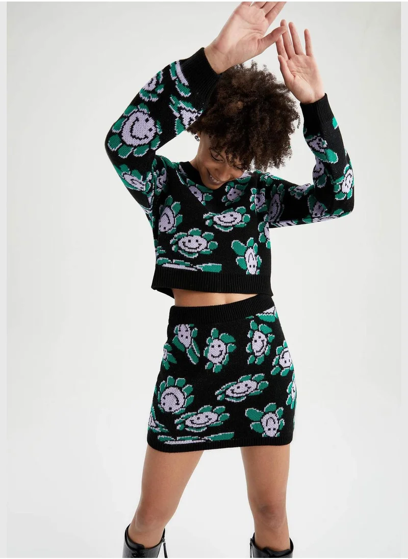 ديفاكتو Regular Fit Elasticated Waist Flower Print Skirt